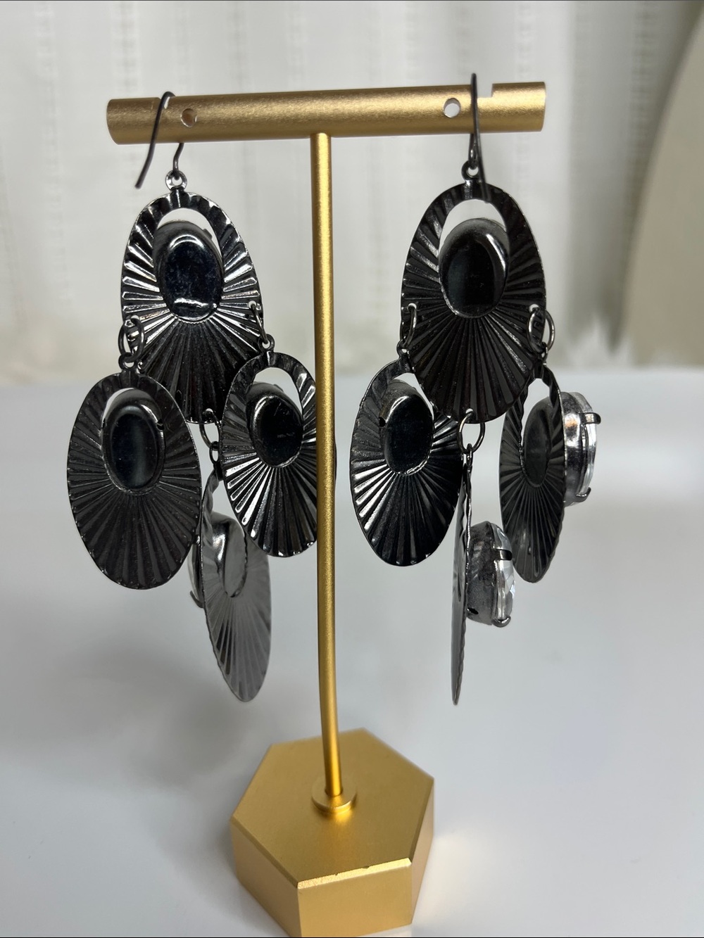 Gunmetal Gray  Drop Earrings with Clear Crystal Accents - Picture 2 of 4